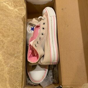 Converse high tops. Women’s 7. NWT. Tan/pink. Discolored on rubber and canvas.